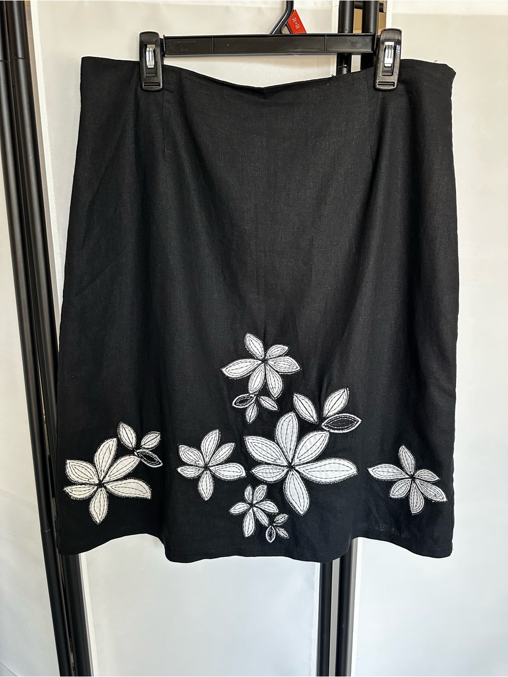 Black A-Line Skirt with White Floral Embroidery